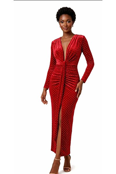 CHEVALIER FASHION Elegant Rhinestone Embellished Long Sleeve Draped Evening D...