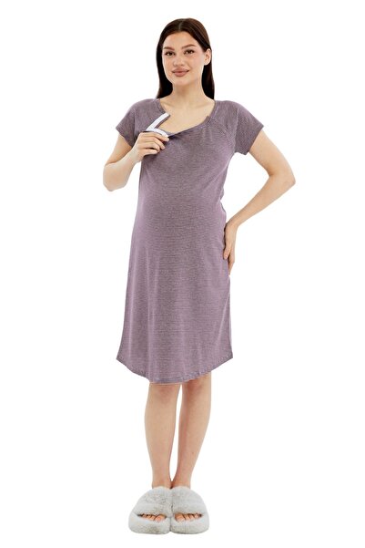 Luvmabelly Myra9585 Maternity Nightgown with Side Snaps - Purple Striped