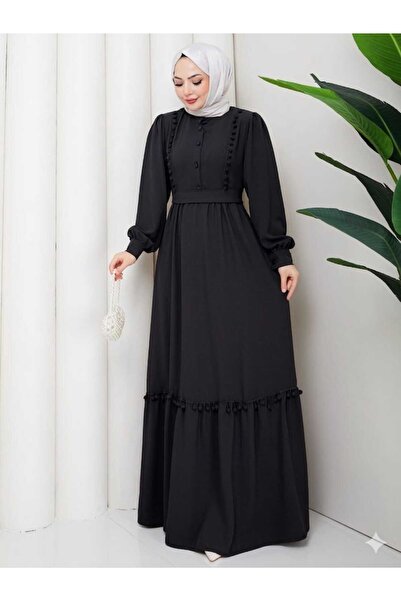 RETA MODA Women's Pompom Detailed High Collar Hijab Dress - Black