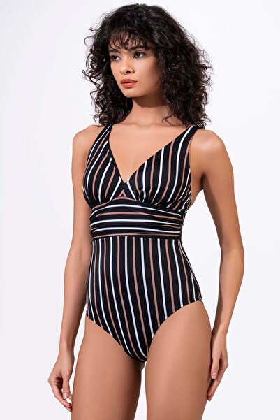 Endeep Women's Striped Patterned Gathering Swimsuit