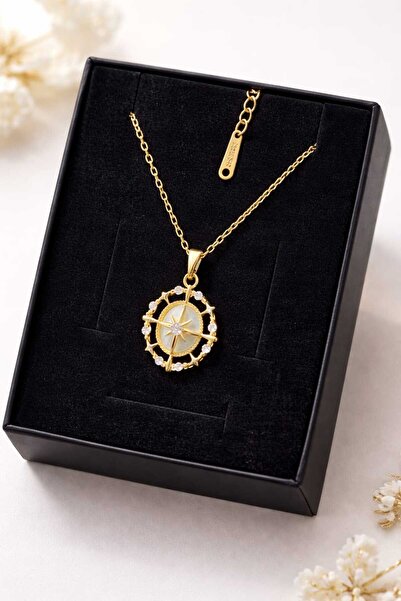 Furtek Aksesuar Vintage Compass Necklace Gold Steel Plated Minimal