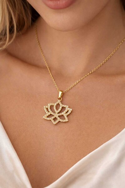 Furtek Aksesuar Lotus Flower Necklace Gold Steel Plated Minimal Daily Wear