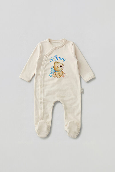 Overoz Erkek / Kız Bebek Patikli Tulum Happy Ayıcık Baskılı Çıtçıtlı Ekru Zıbın Tulum 5102