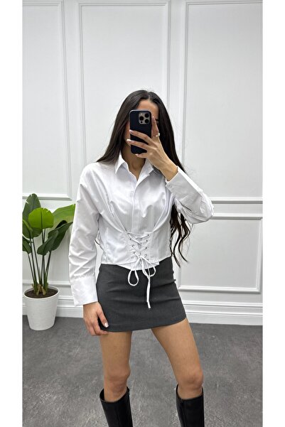 CurcunaShop Kadın Önden Bağlamalı Korse Detay Kısa Gömlek