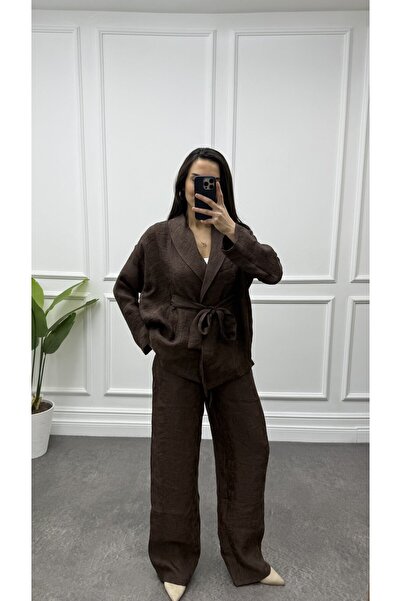 CurcunaShop Kadın İnce Şal Yaka Kemerli Kimono Pantolon Takım