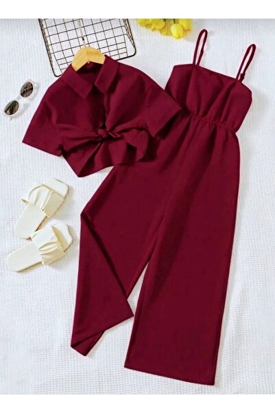 shop Burgundy Color Shirt Tie-Up Jumpsuit Trousers Woven