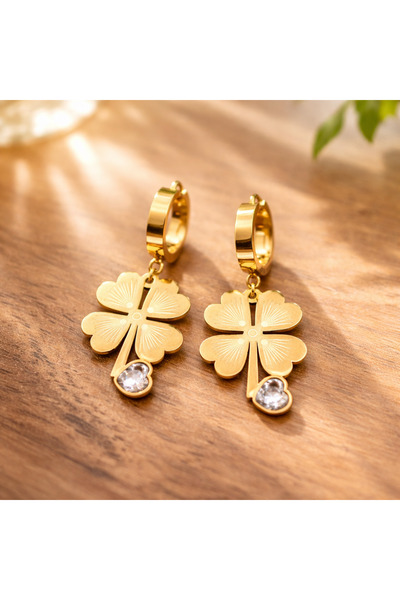 Karmu Accessories Zirkon Taş Kalpli Yonca Model Çelik Halka 316L Çelik Küpe