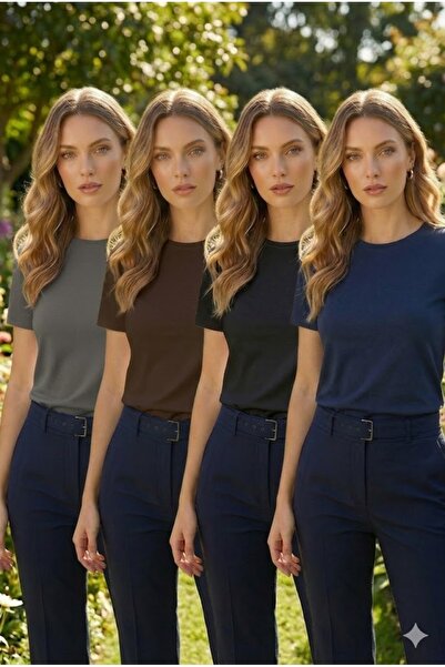 navesta 4'lü Kadın T-Shirt Basic Düz Bisiklet Yaka 4'lü Tişört Paketi