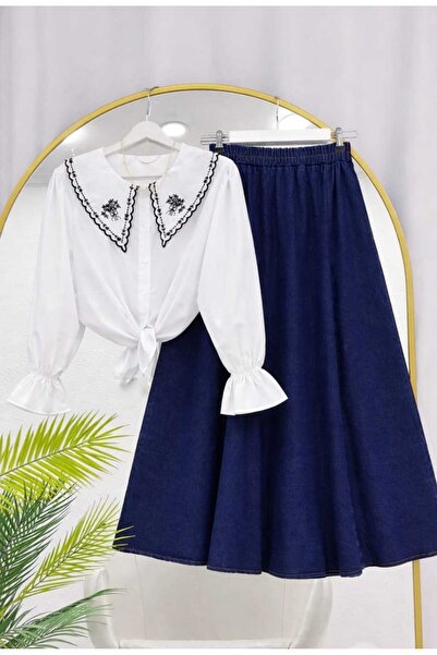 MODA VEDAT Women's Shirt with Collar Detail - Denim Skirt Set -0700
