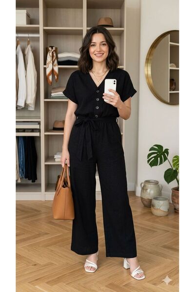 tülaybutik kadın keten düğmeli gömlek yaka tulum
