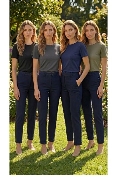 navesta 4'lü Kadın T-Shirt Basic Düz Bisiklet Yaka 4'lü Tişört Paketi