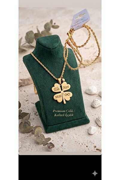 Heryerden Çelik İsimli Yonca Kolye Zincirli Burgu Kolye 60 Cm Kararma Yapmaz