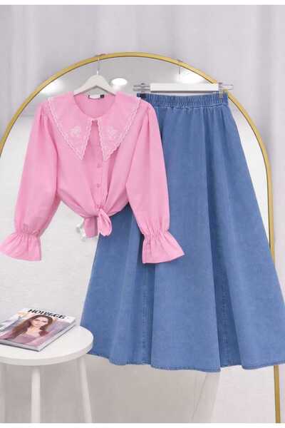 MODA VEDAT Women's Shirt with Collar Detail - Denim Skirt Set -0700