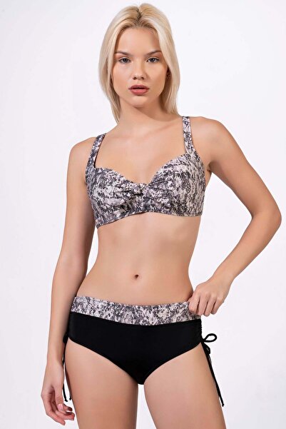 Endeep Women's Plus Size Underwire Supported Gray Black Patterned Bikini Set