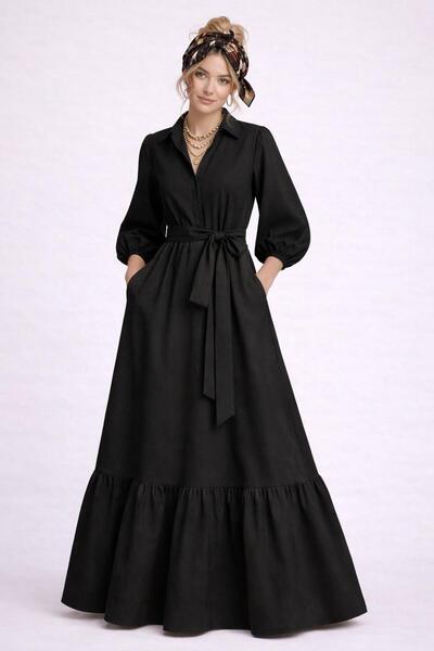 ALYEL NAKER فستان قميص ماكسي أسود من قماش البوبلين بأكمام بالونية وكشكشة