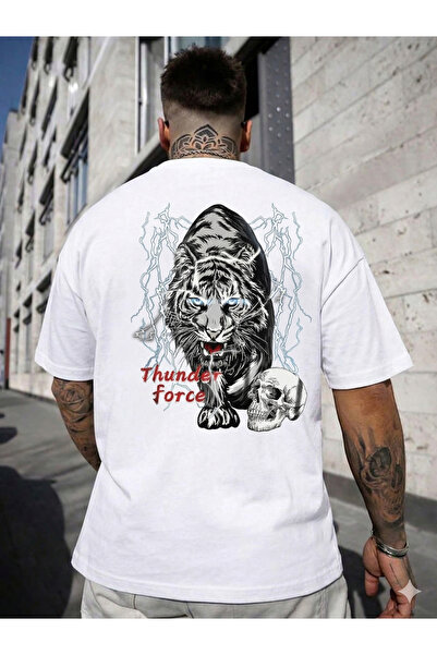 CLASSY.MODA Oversize Tiger and Lightning Print T-Shirt - Thunder Force