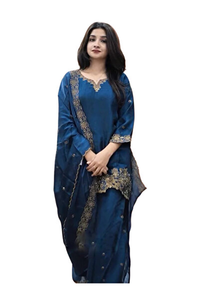 MYSMAR Blue Silk Salwar Kameez & Dupatta - HRT5337 | Blue