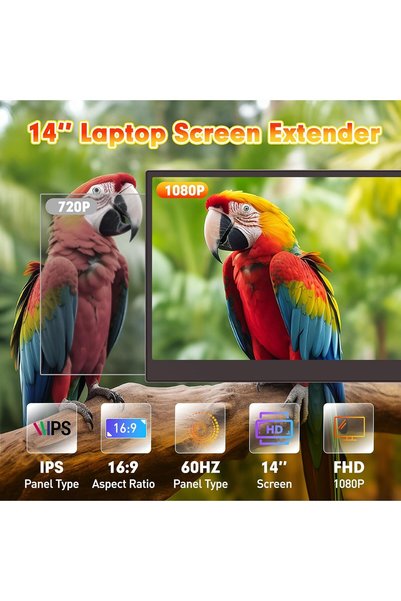 V2COM 14" Triple Laptop Screen Extender – One Cable Connect Portable FHD Monitor for 13-17" Laptops