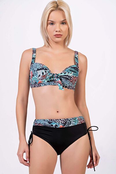 Endeep Women's Plus Size Underwire Supported Light Blue Patterned Bikini Set