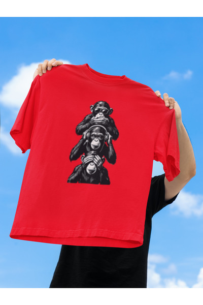 MG Three Monkeys Printed Circular Neck Cotton Oversize Fit Unisex Short Sleev...