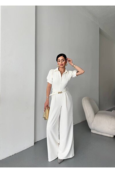 LOKADI Women Shirt Collar Short Sleeve Wide Leg Jumpsuit with Belt - Casual C...