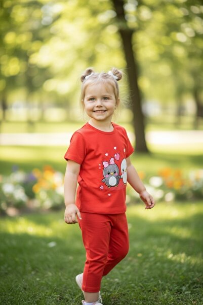 erca home Double Girls' Printed Summer Set with Tights 3Y,4Y,5Y,6Y Red