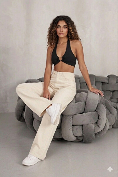 LAYAL MY BEAUTY Kadın Palazzo Salaş Rahat Kesim Likralı Yüksek Bel Jeans Kot ...