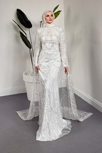 MERVEN AKYÜZ Ardina Pelerinli Boncuk İşlemeli Balık Abiye Beyaz