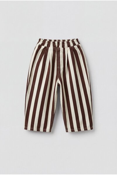 Magu بنطلون قطني مخطط باللون البني للأطفال مقاس كبير للجنسين - خصر مطاطي