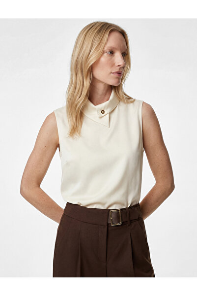 Koton Asymmetric Collar Sleeveless Satin Blouse with Metal Accessories