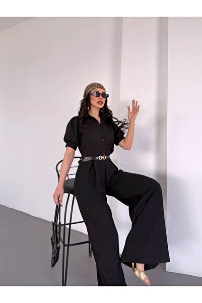 LOKADI Women Shirt Collar Short Sleeve Wide Leg Jumpsuit with Belt - Casual C...