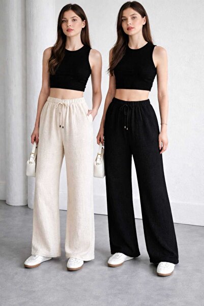 Betülce Pamuk Müslin Kumaş Yüksek Bel Lastikli Beli Bağcıklı Wide Leg Geniş Paça Kadın Pantolon