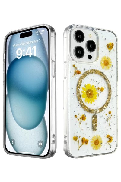 Generic Brand Apple iphone 14 pro max case daisy glitter magsafe cover - gold