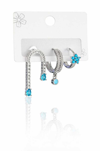 Mope Accessories 3-Piece Silver Color Blue Detailed Earring Set