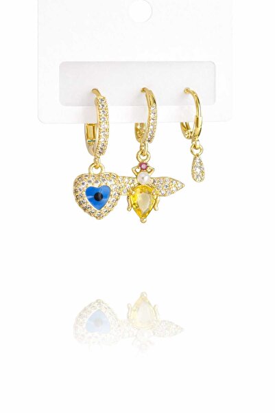 Mope Accessories Set of 3 Gold Color Earrings with Evil Eye and Bee Figures