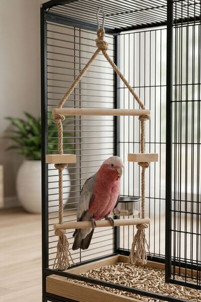 Mivra Pets Doğal Ahşap Papağan Kuş Salıncağı Tırmanma Merdiveni Tünek 8mm Jüt...