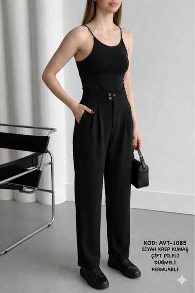 Betülce High Waist Double Pleated Crepe Fabric Women's Trousers