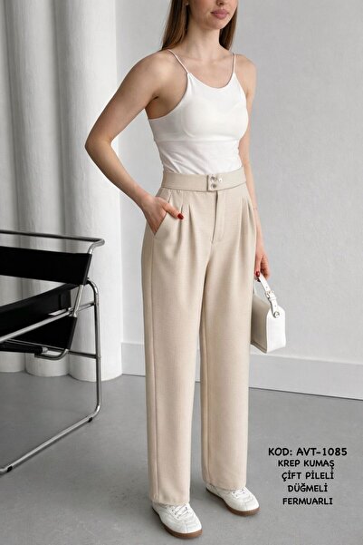 Betülce High Waist Double Pleated Crepe Fabric Women's Trousers