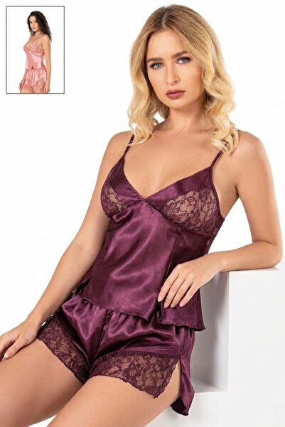 NOOALA GİYİM Satin and French Lace Detailed Shorts Pajama Set – Elegance and ...