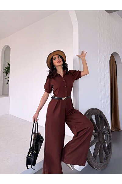 LOKADI Women Shirt Collar Short Sleeve Wide Leg Jumpsuit with Belt - Casual C...