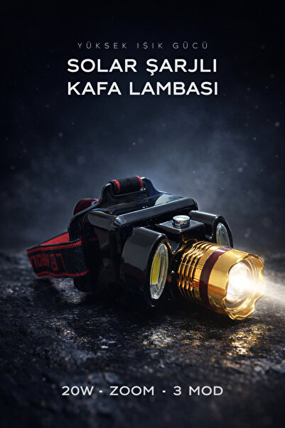 Edison Solar Şarjlı Kafa Lambası 20W Güçlü Işık Zoomlu 3 Mod LED Kamp Tamir A...
