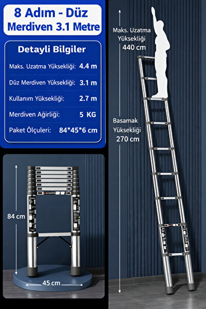 ADEFCO 8 Basamak Teleskopik Merdiven 3.1 Metre Katlanabilir Alüminyum Uzayan ...