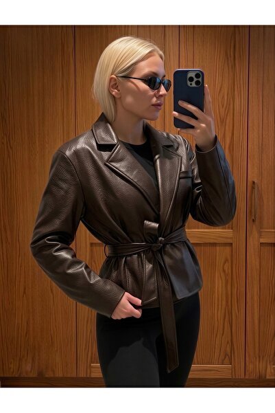 COJIKO Women's Bitter Brown Belt Detailed Double-Breasted Leather Jacket