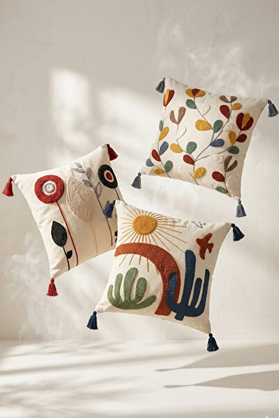 Valmia Home Set de 3 huse de pernă decorative cu ciucuri, brodate cu punch - ...