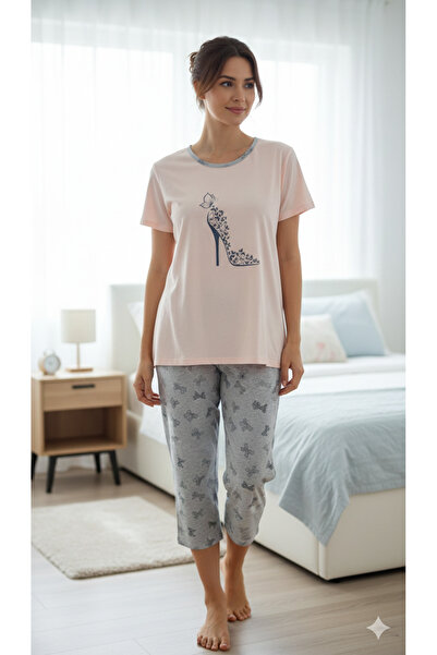 Serena Women's pajamas, cream t-shirt with butterfly shoe print and gray 3/4 ...