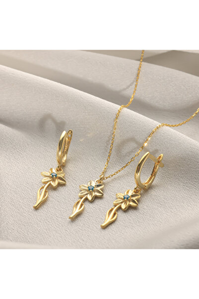 byess 925 Ayar Nergis Çiçeği Kolye Küpe Gümüş Set