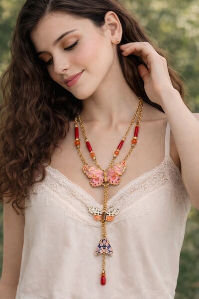 Unzilee Butterfly Figured Long Necklace – Vintage Design with Colorful Stones...