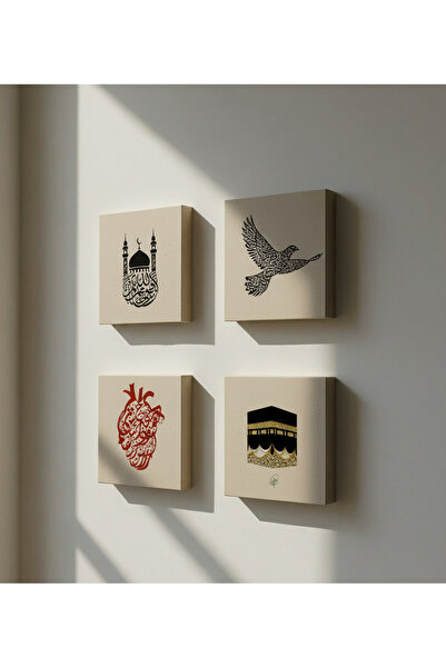 Etniky 4'lü Dini Semboller (Kabe, Yeşil Kubbe, Kalp) Taş Tablo Seti 10x10cm U...