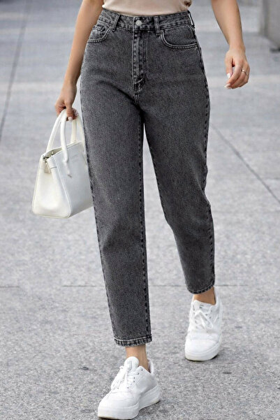 Yüksek Bel Beş Cepli Havuç Kesim Likralı Esnek Yıkamalı Fermuar Kapama Mom Denim Jean Kot Pantolon