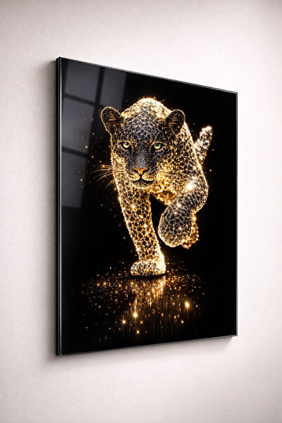 MAVEN Altın Işıltılı Leopar Cam Tablo Siyah Zemin Lüks Premium Dekoratif Duva...